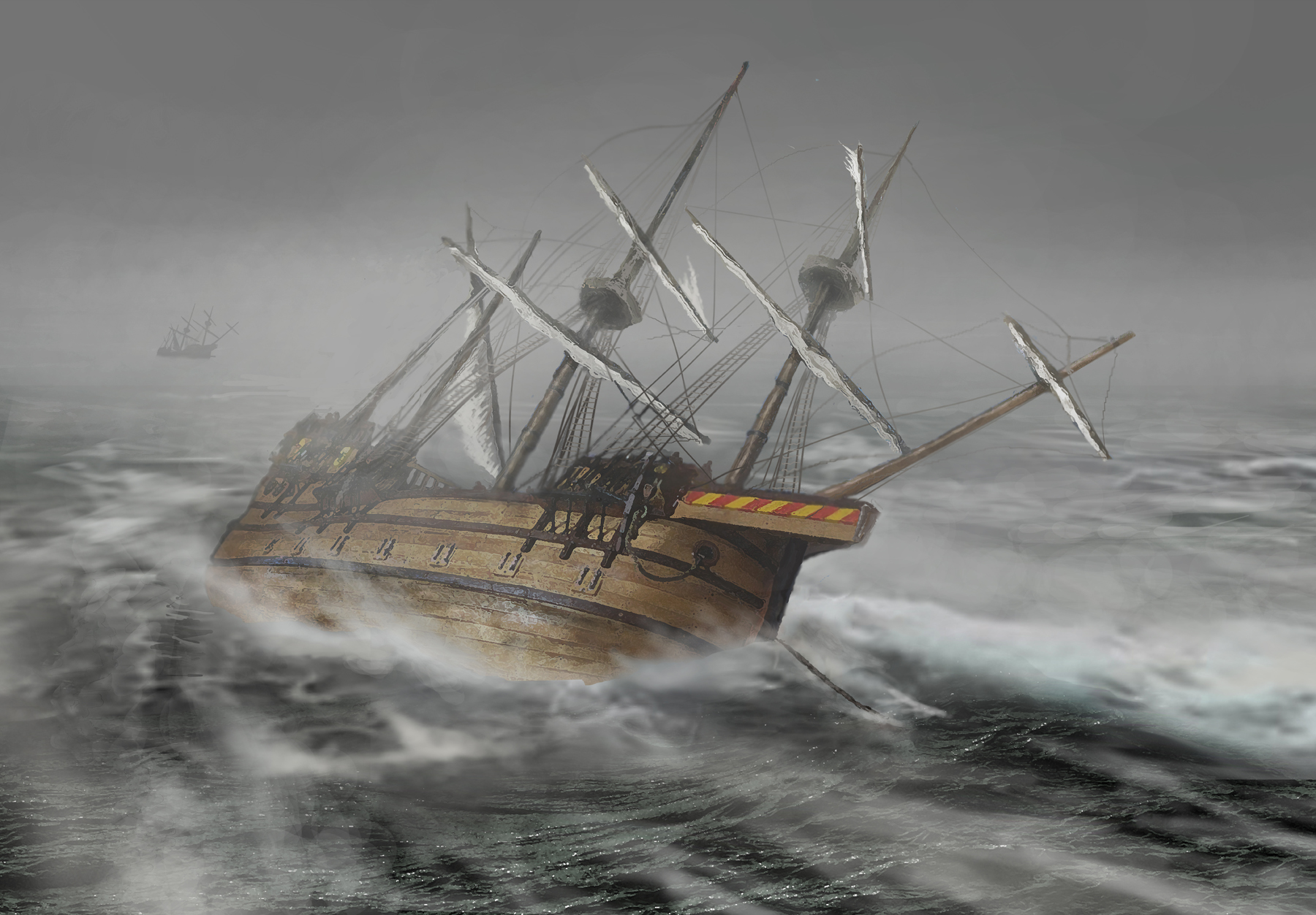 A digital painting of one of the ships in the 1554 Spanish Plate Fleet amid stormy seas
