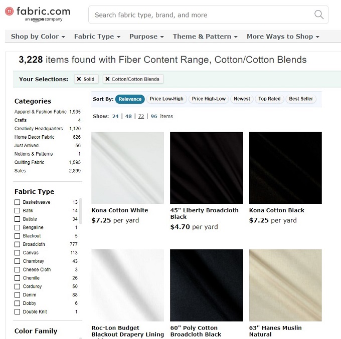 Website of a fabric supply company with many different colors of cotton fabric