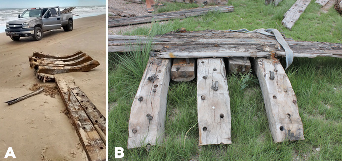 Figure 3. Framing Section, Artifact No. 33: (a) interior view on beach; (b) detail of exterior in storage on Keith Reynolds property. (Photo 3(a) by Keith Reynolds).