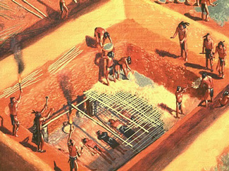 An artist's depiction of an elaborate burial tomb dating before 1,000 years ago.