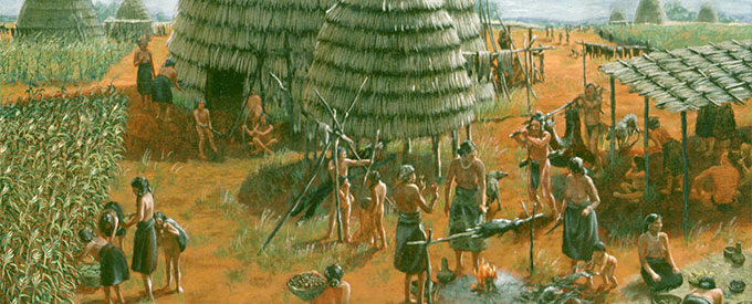 Illustration of Caddo village and grass huts.