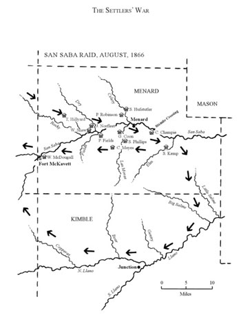 2.	This map shows the path of the Comanche Raiders through Menard and Kimble Counties during the raid.