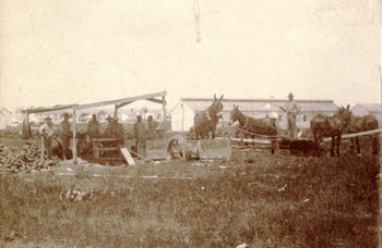 Ragsdale photo showing soldiers of the 10th Infantry operating a mule-driven sawmill at Fort McKavett circa 1875.