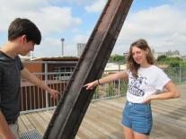 Ben Jones and Sarah Cuk point out the rivets on the Hays Street Bridge in San Antonio, August 2015.