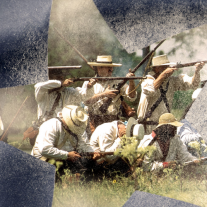 Reenactors as Texians at the Battle of San Jacinto pretend to come under fire