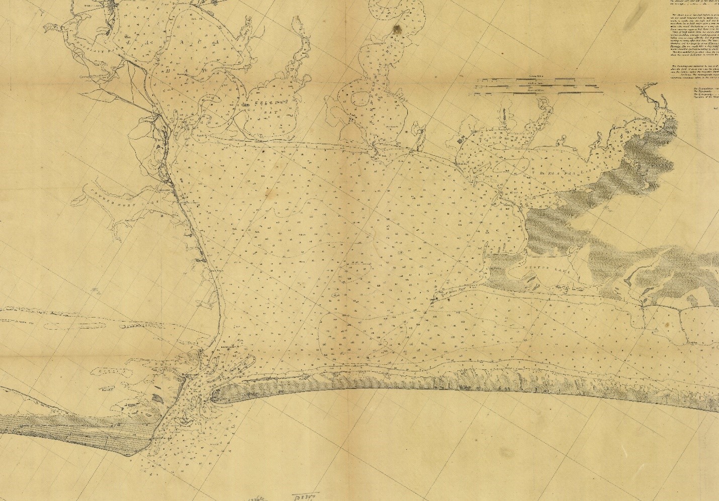 A contour line map rendering of Matagorda Bay, Texas, Chart 107 produced by the United States Coastal Survey in 1872. The map illustrates the shoreline and bay features and shows water depths listed in feet. Important local 19th-century ports such as Indianola and Saluria are labeled. 