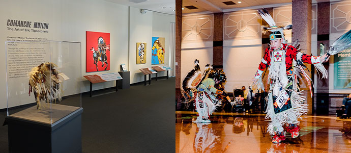 An image showing a museum exhibit on the left and a member of a tribe dancing to the right