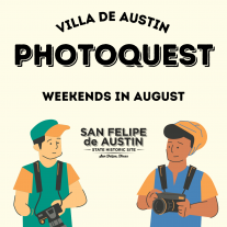 Graphic image detailing two illistrations of men with cameras reading "Villa de Austin Photoquest, weekends in August" and the San Felipe de Austin State Historic Site Logo