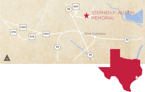 An illustrated map showing the location of the Stephen F. Austin memorial