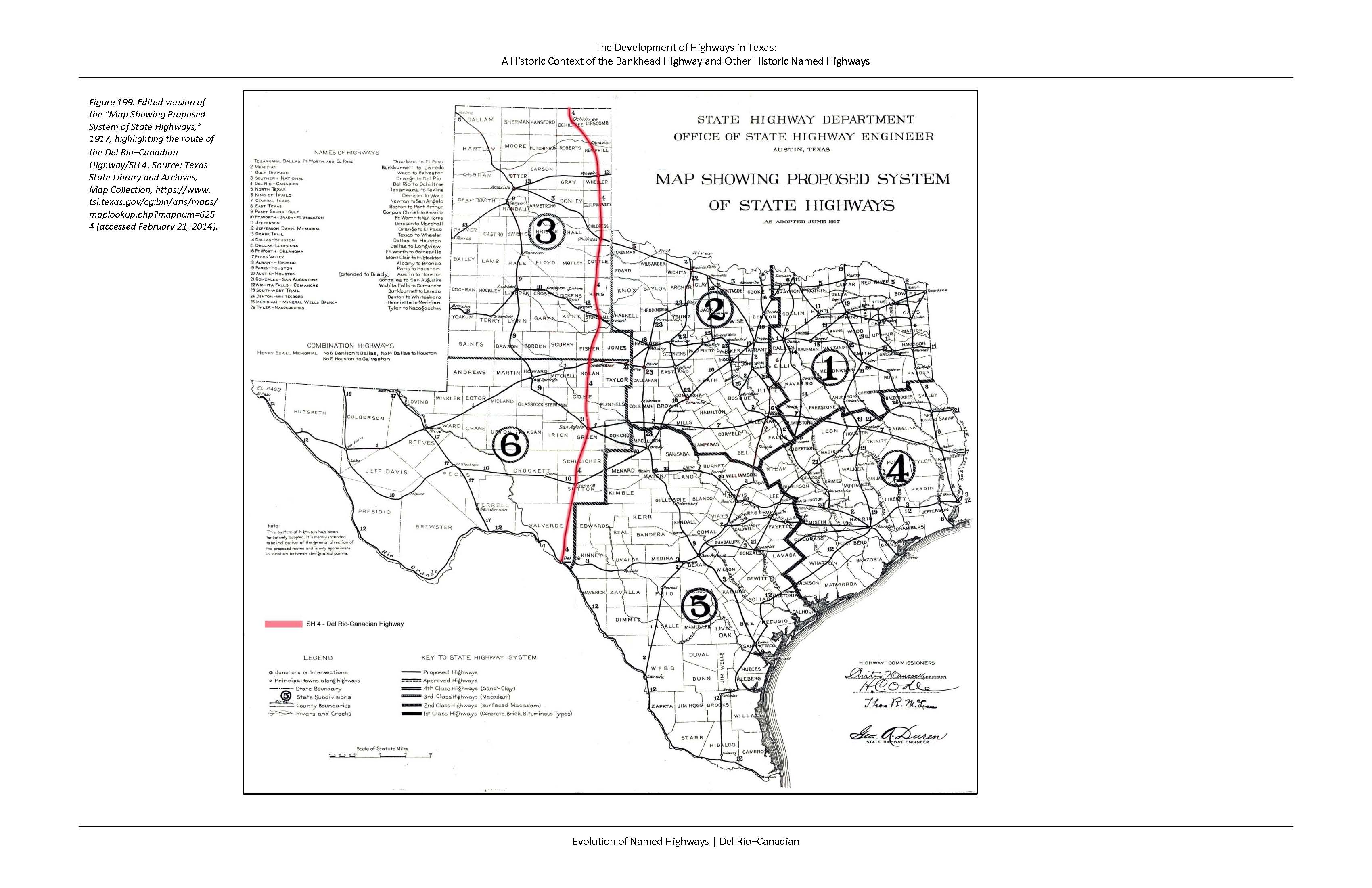 A black-and-white map of the Del Rio-Canadian Highway