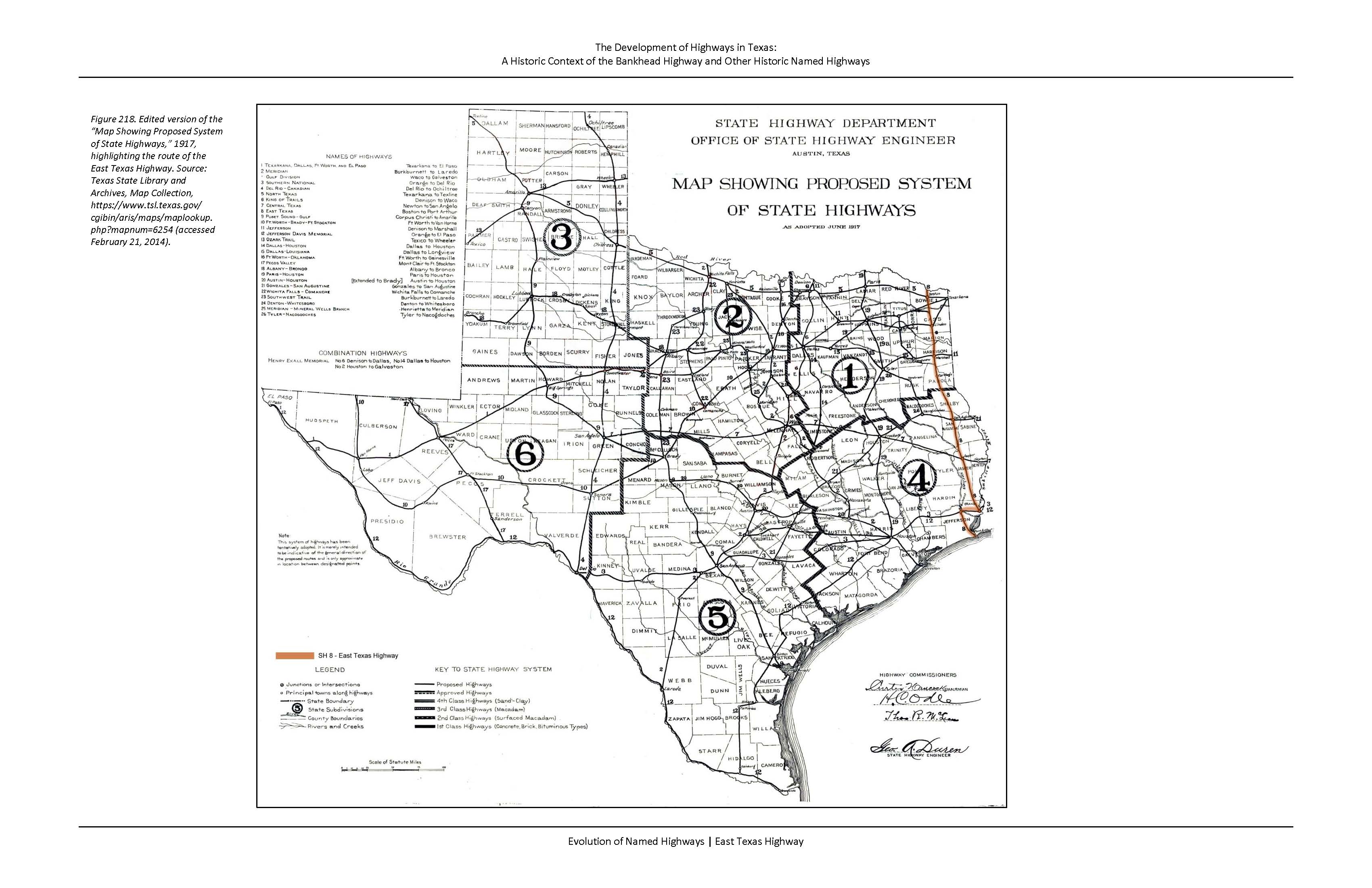 A black-and-white map of the East Texas Highway