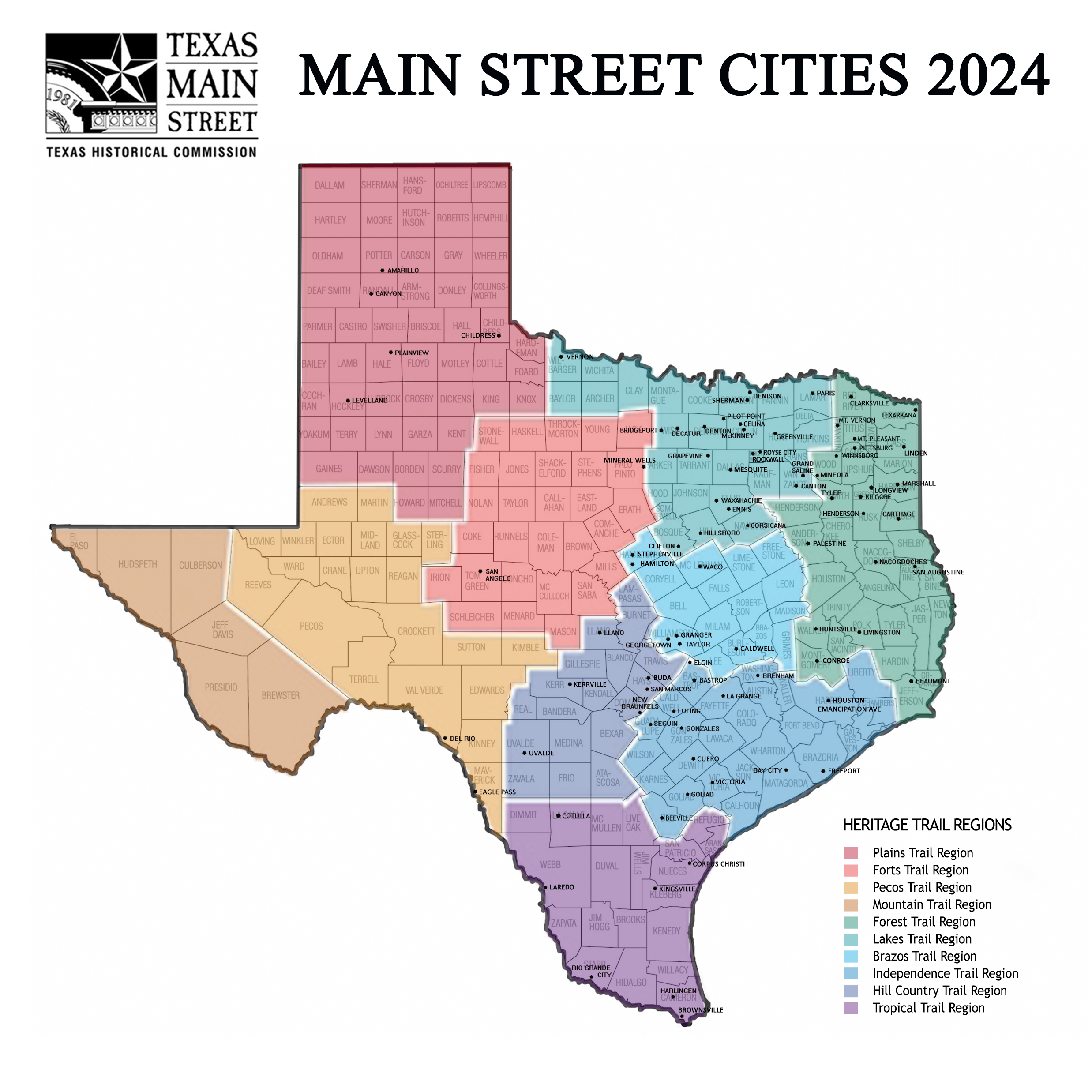 A map of participating cities in the Texas Main Street Program