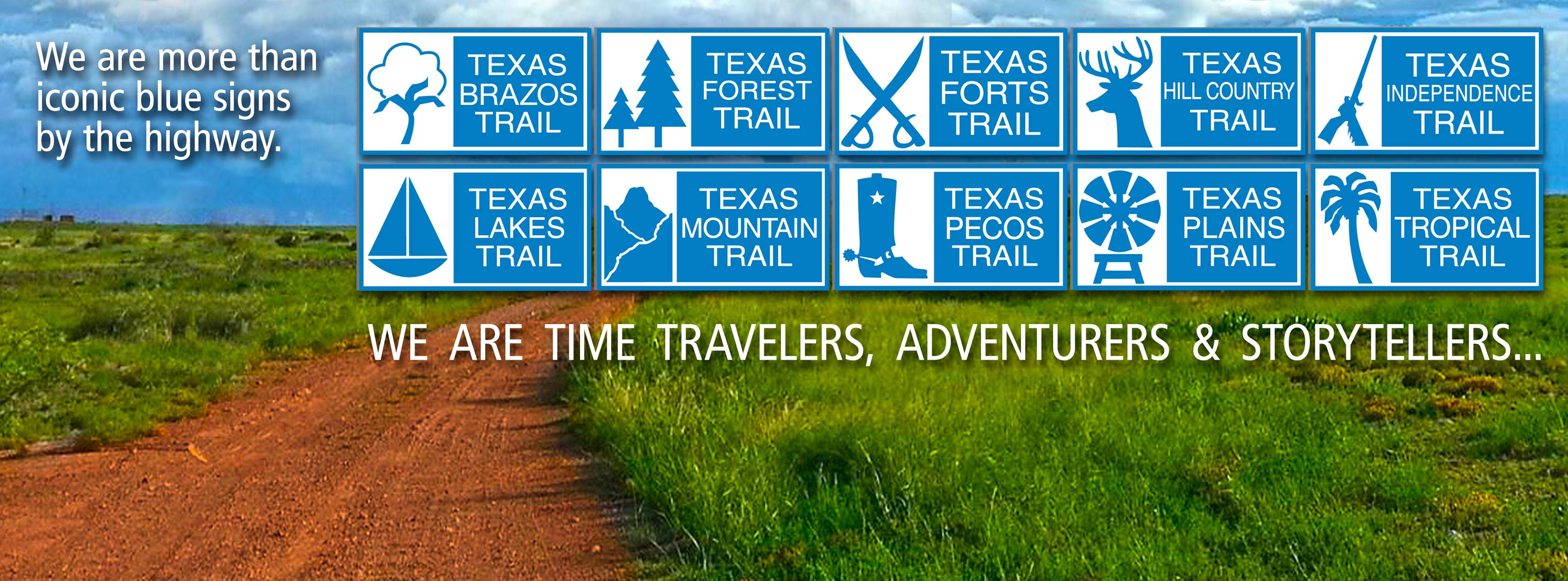 A red dirt road with a blue sky above. Within the sky are the logos for the 10 Texas Heritage Trails Program