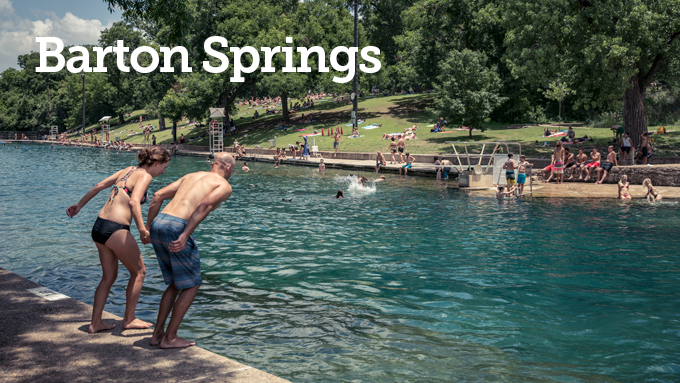 Picture of people jumping into a pool with text overlay reading "Barton Springs" 