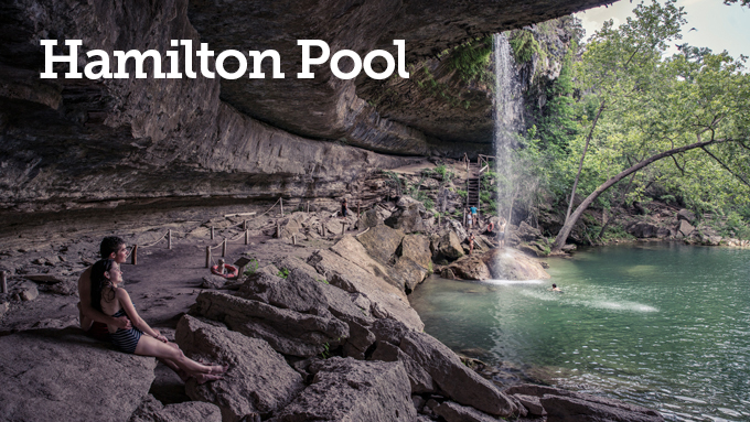 Photo of a rock cliff overlooking a body of water with text overlay reading "Hamilton Pool" 