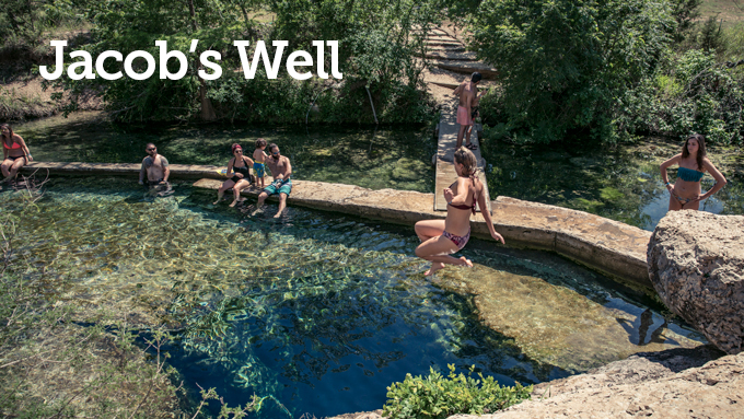 Picture of people jumping into a pool with text overlay reading "Jacob's Well"