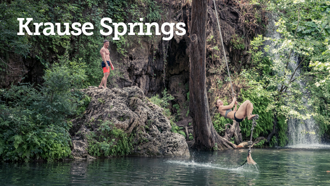 Picture of people jumping into a pool with text overlay reading "Krause Springs" 