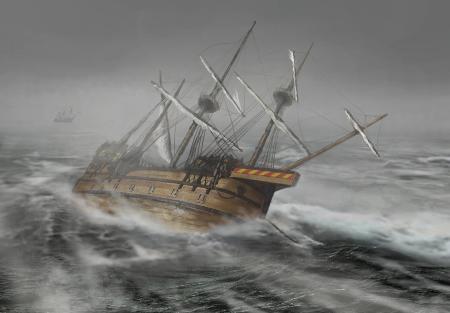 An illustration of a 16th century ship amid stormy seas