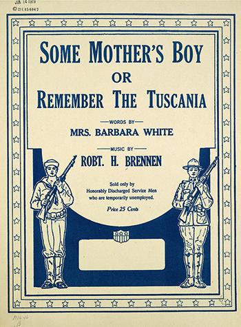 Piano sheet music cover titled "Some Mother's Boy or Remember the Tuscania" 