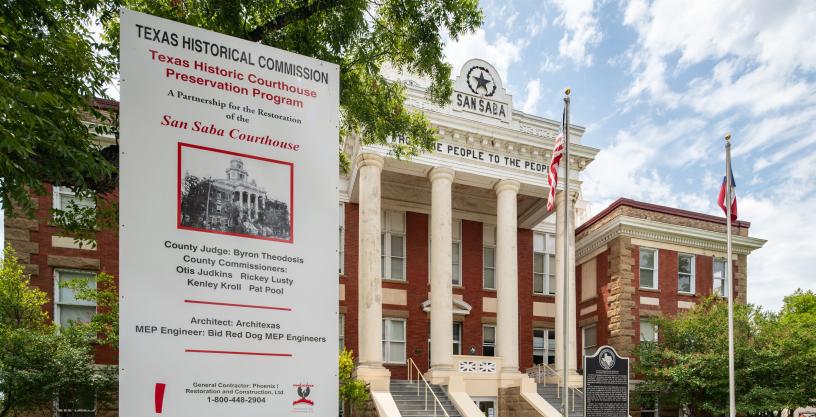 San Saba CCH with Courthouse Preservation Program Sign