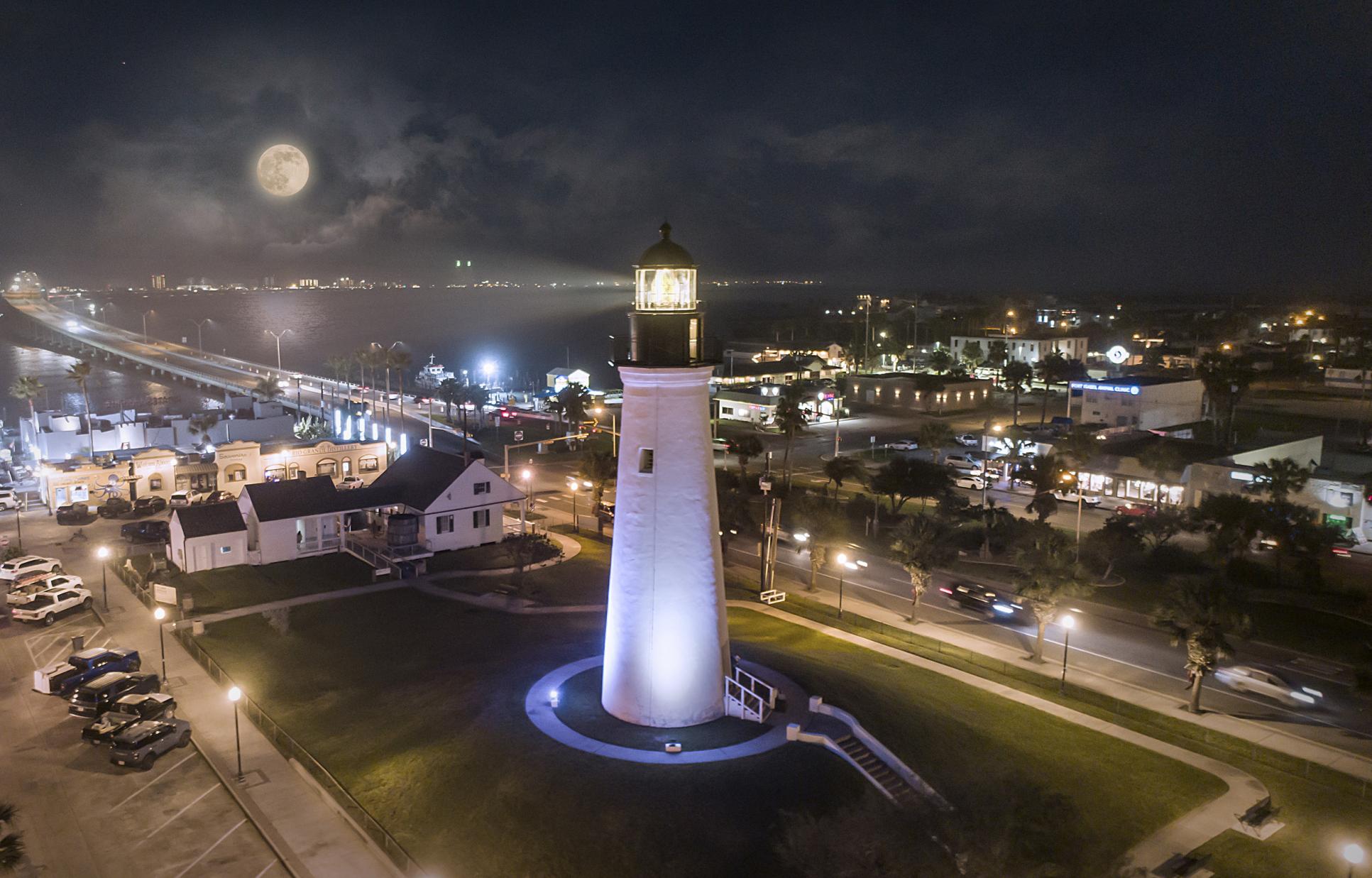 Aerial photo of the Port Isabel Lighthouse at night